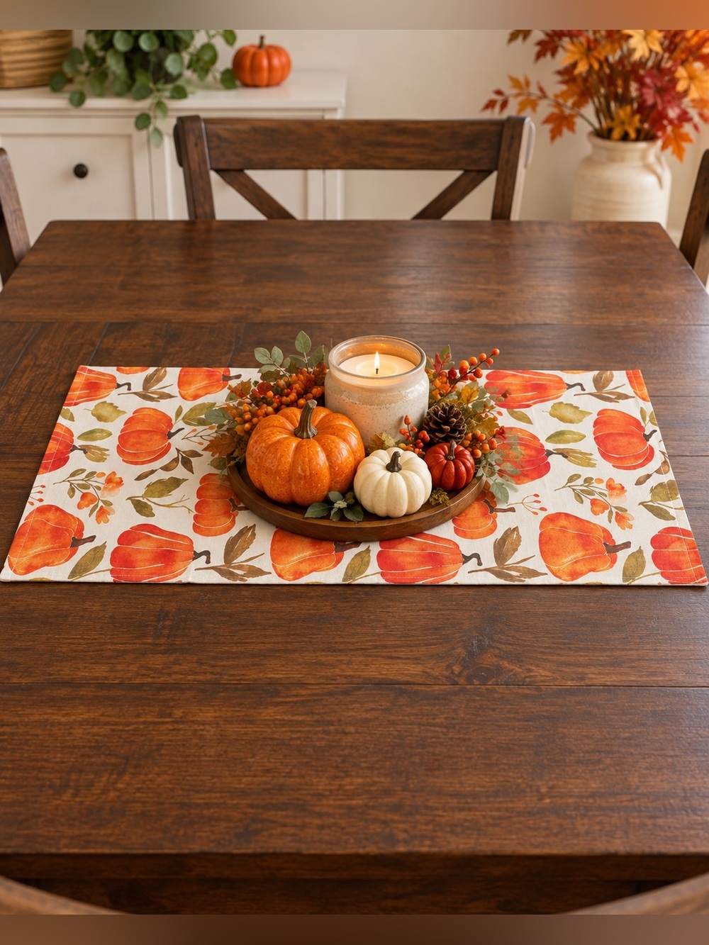 Pumpkin Fall Table Runner 13x36 Short Harvest Thanksgiving Centerpiece